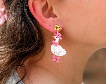 Goose Earrings – Handmade Clay Duck Earrings with Pink Boots – Funny Farm Animal Jewelry – Kawaii Western Accessories