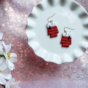 Sleepy Dog Clay Earrings, Whimsical Red Doghouse Dangle Jewelry Gift, Charlie Dog Christmas Earrings