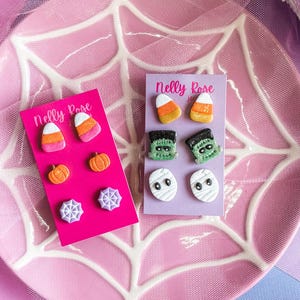 Halloween Stud Earring Set, Candy Corn, Pumpkins, Mummies & Spiders, Cute Polymer Clay Earrings for Spooky Season