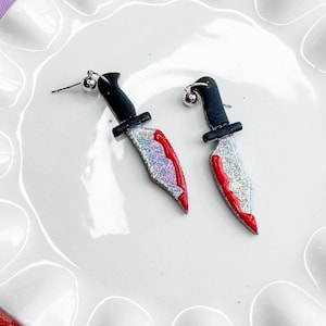 Bloody Knife Earrings, Sparkling Glitter Blade Halloween Jewelry