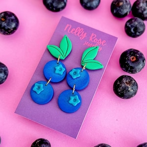 Handmade Polymer Clay Blueberry Earrings: Summer Fruit Dangles
