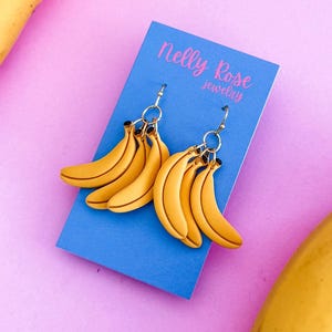 Handmade Polymer Clay Banana Earrings: Tropical Fruit Dangles