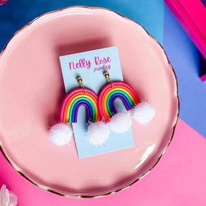 Rainbow Earrings with Fluffy Clouds - Fun Handmade Statement Jewelry