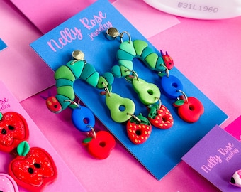 Hungry Caterpillar Earrings: Handmade Polymer Clay Storybook Jewelry