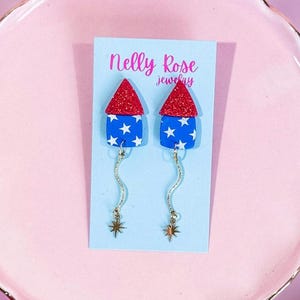 Firework Rocket Earrings, 4th of July Earrings, Red White Blue Patriotic Earrings, Handmade Clay Firecracker Jewelry, USA Party Dangles