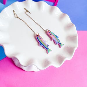 Rainbow Trout Earrings: Ocean Inspired Jewelry (Lightweight, Gold Chain)