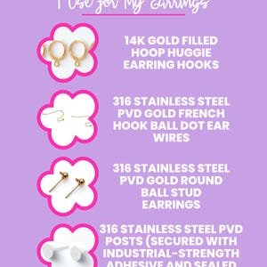 The image is an overview of the hardware I use for my earrings, featuring 14K gold-filled hoop hugger earring hooks, 316 stainless steel post wires, 316 stainless steel post wires, and 316 stainless steel post wires.