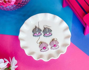 Oyster Shell Earrings, Glitter & Pearl, Coastal Jewelry