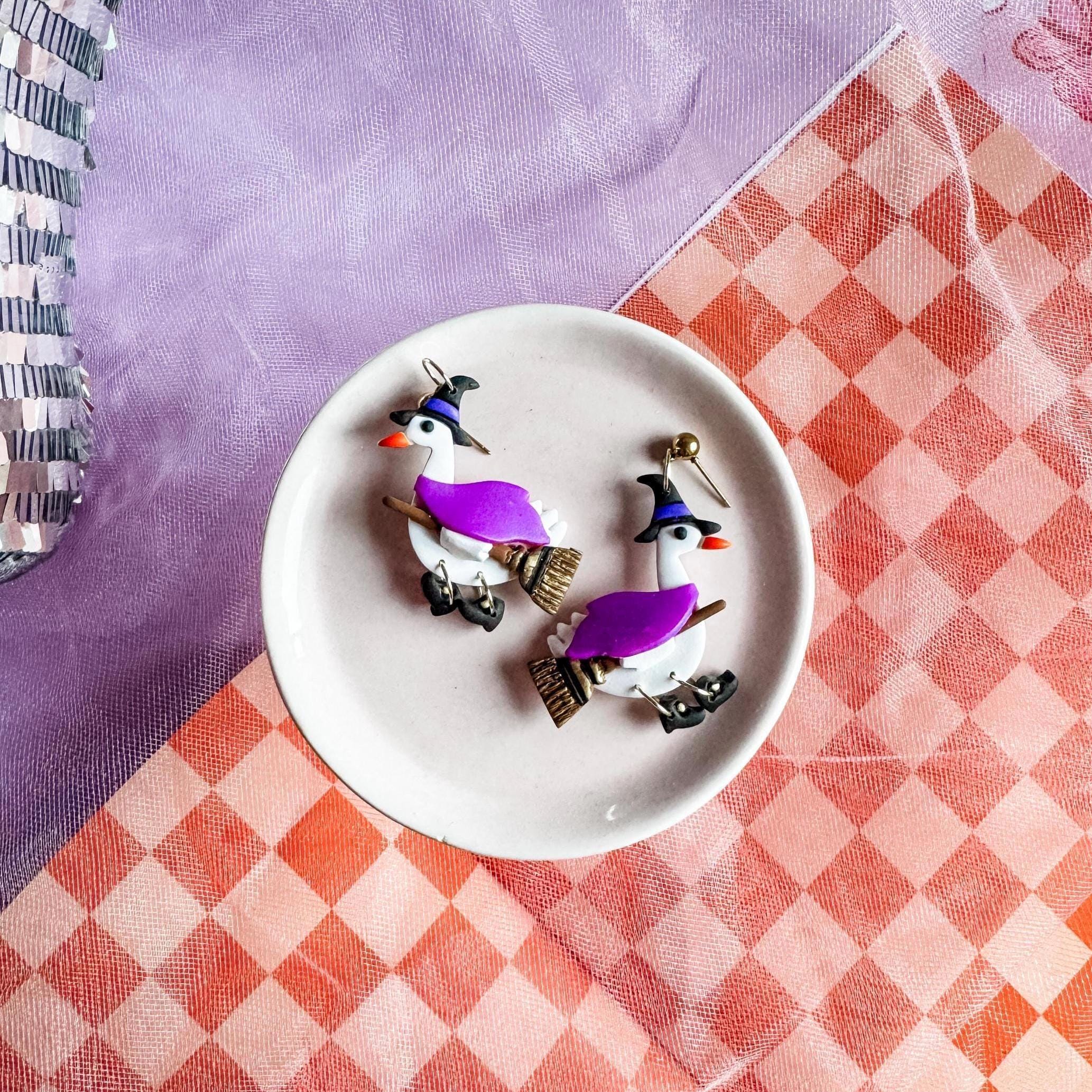 Witch Goose Earrings, Halloween Geese Dangles, Whimsical Polymer Clay Jewelry