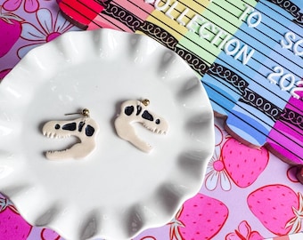 T-Rex Skull Earrings: Handmade Clay Dinosaur Fossil Jewelry