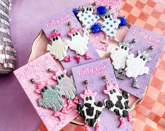 Cowboy Ghost Dangle Earrings: Glitter Cowgirl Halloween Jewelry