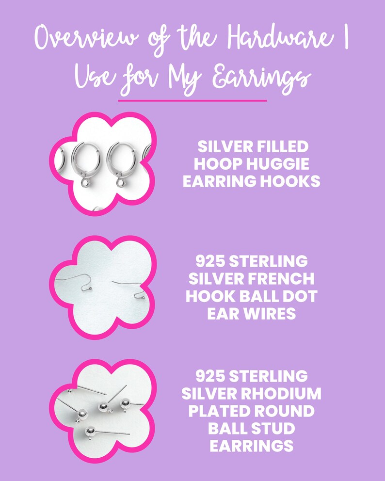 The image is an overview of the hardware I use for my earrings, featuring three different types of earring hooks: silver-filled hoop hugger earrings, silver French hoop ball dot ear wires, and silver rhidium plated round ball stud earrings.