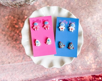 Astronaut & Rocket Stud Earrings: Space-Themed Handmade Clay Jewelry