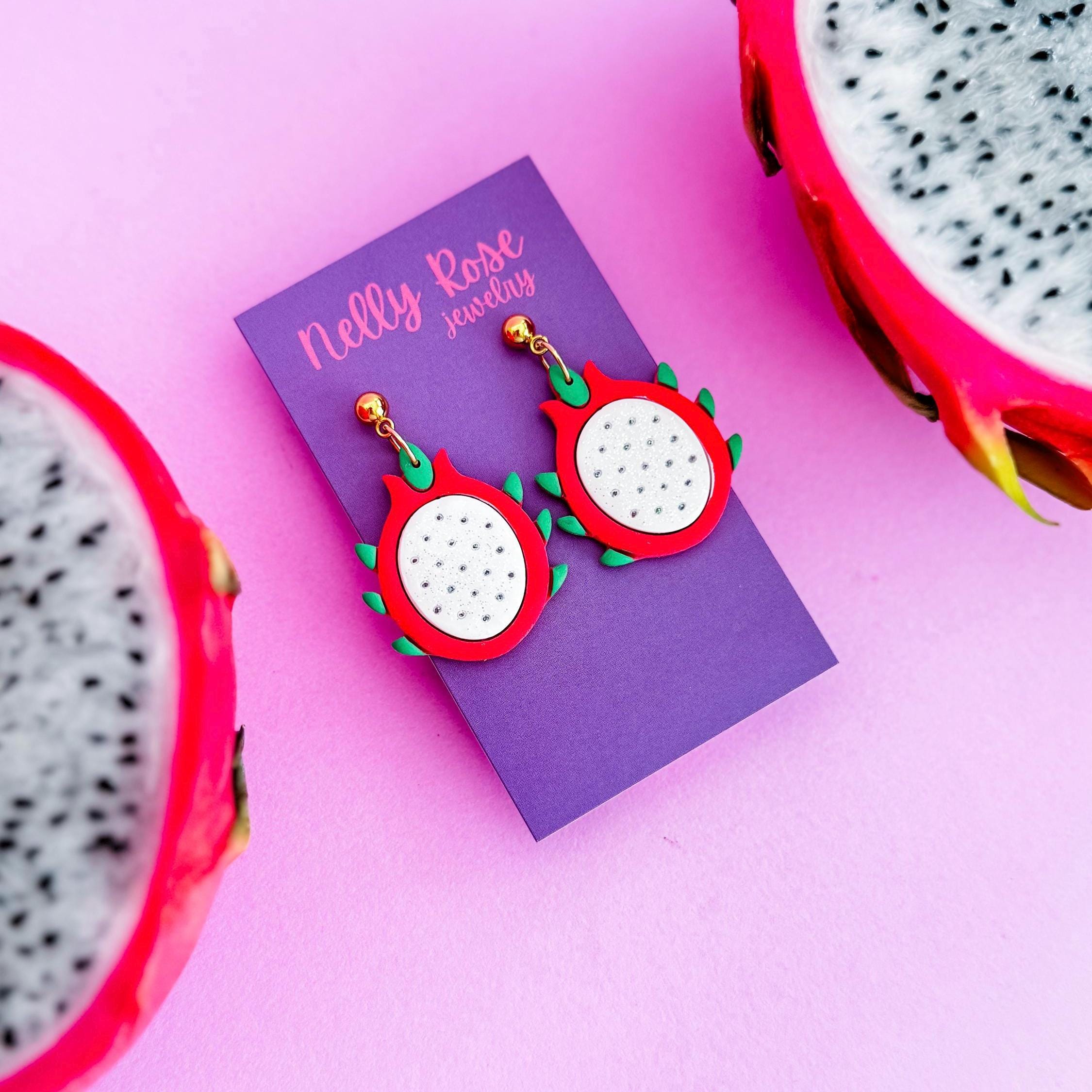 Handmade Polymer Clay Dragon Fruit Earrings: Tropical Food Jewelry