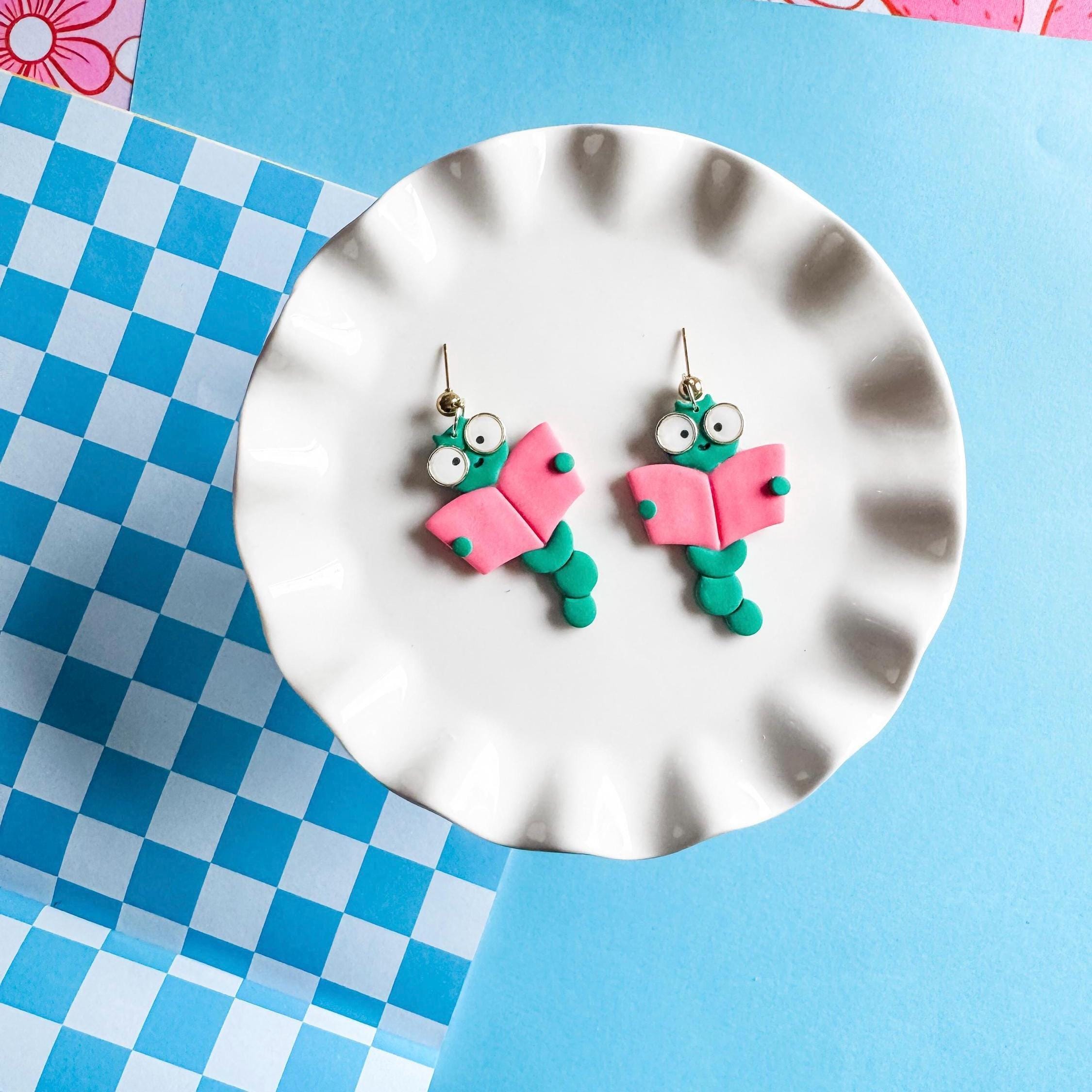Bookworm Earrings, Polymer Clay Caterpillar Dangles, Green Pink Glasses, Literary Teacher Accessory
