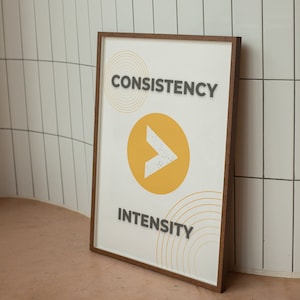 Puede incluir: Una impresión enmarcada con fondo blanco y una flecha amarilla apuntando hacia la derecha. El texto "CONSISTENCY" está por encima de la flecha y el texto "INTENSITY" está por debajo de la flecha. La flecha está rodeada de círculos concéntricos.