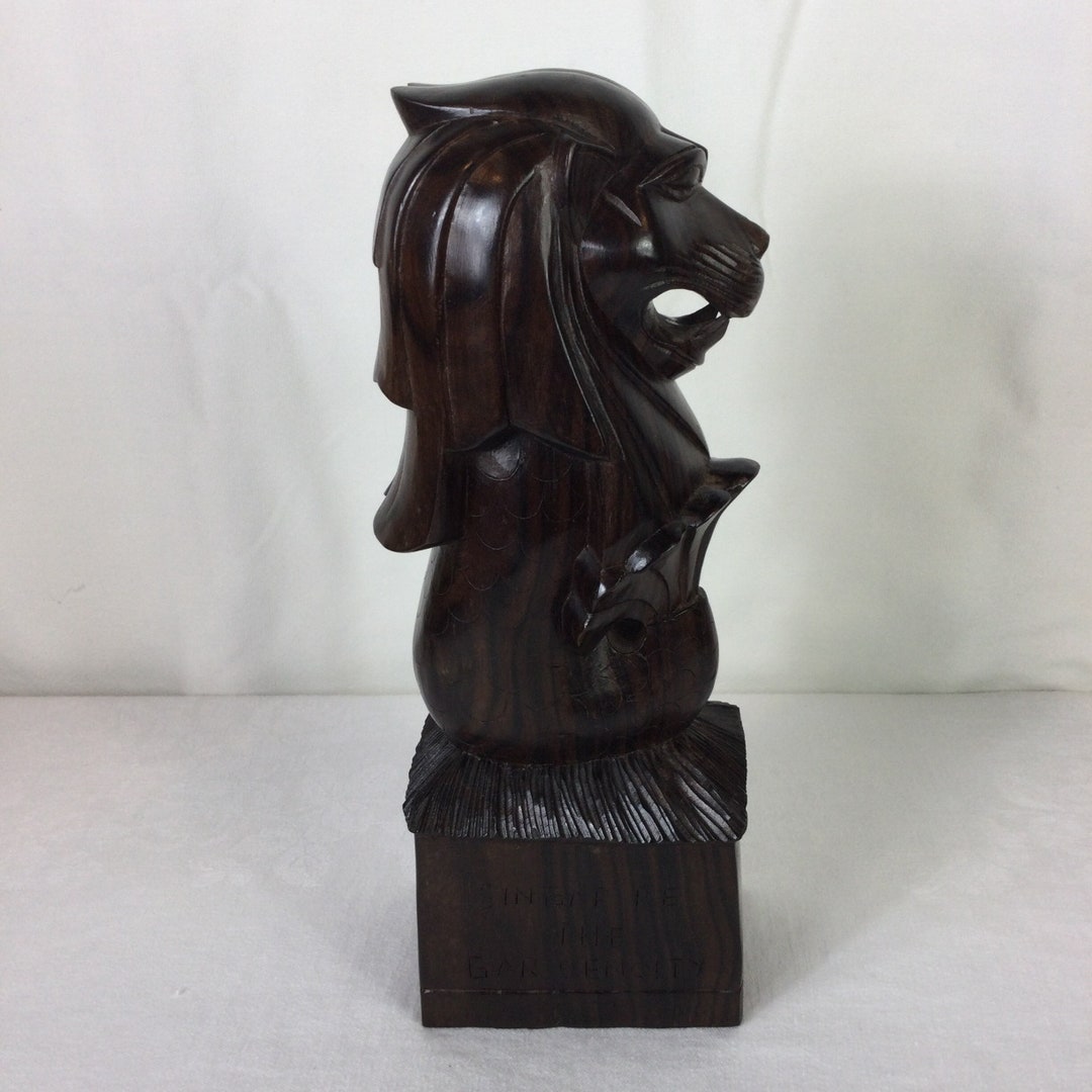 Carved Wood Merlion Lion Fish Statue Singapore Garden City Etsy
