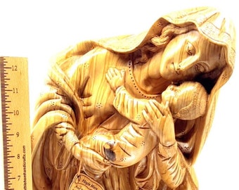 Hand Carved Olive Wood Virgin Mary Baby Jesus Statue, Bethlehem Religious Art
