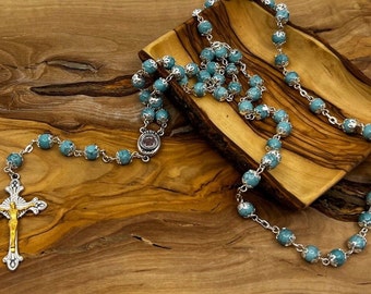 Turquoise Rosary, 8mm Blue Catholic Stone Prayer Beads, 22" Metal Chain, 2" Crucifix, Catholic Christmas Gift, 1st Communion Keepsake