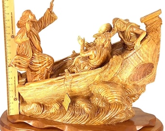 Jesus Statue, "Calming Storm" Image, Easter Decor, Religious Art, Christian Sculpture, Wood Carved Catholic Gift, Christ Calms Sea, in Boat