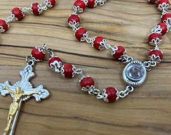 Red Rosary, 8mm Beads, Catholic Communion Jewelry, Cross Necklace, Durable Metal Chain, Rojo Rosario, Coral Stone, Confirmation Sponsor Gift