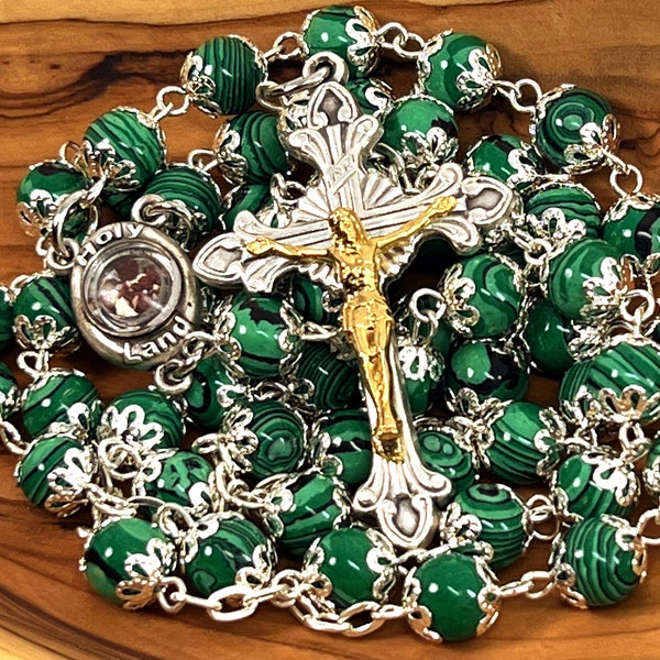 Green Rosary, 8mm, Emerald Prayer Beads, Malachite Stone Chain, Silver Plated Cross, Catholic Easter Gift, Confirmation Sponsor, Godparent