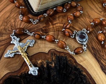 Catholic Rosary, Handmade Holy Land Olive Wood, Engraved Cross Crucifix, Metal Chain, Made in Bethlehem