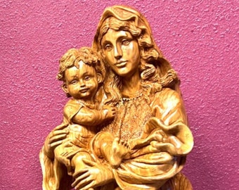 Blessed Virgin Mary Holds Baby Jesus Christ, Large Masterpiece Statue, 37", Carved Holy Land Olive Wood, Catholic Christmas Gift
