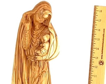 Olive Wood Virgin Mary Statue, Baby Jesus, Bethlehem Carved Masterpiece, Christian Home Decor