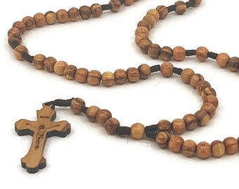 Catholic Rosary, Handmade Holy Land Olive Wood, Engraved Cross Crucifix, Pocket Prayer Beads, Made in Bethlehem, 7 Decades