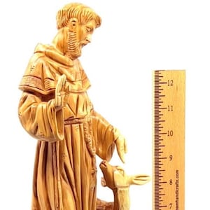 St Francis Assisi with Deer, 15.4&quot; Holy Land Olive Wood Carving from Bethlehem, Christian Wooden Sculpture