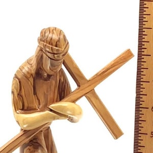 Jesus Christ Holding The Cross Carving, 9&quot; Holy Land Olive Wood from Bethlehem, Carved Wooden Christian Abstract