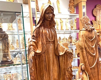 Our Lady of Grace, Virgin Mary Art Masterpiece Statue 46", Biblical Art Sculpture, Carved from Holy Land Olive Wood, Catholic Christmas Gift