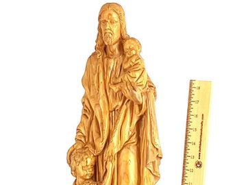 Jesus Christ With the Children, 23.5" Statue Carved from Holy Land Olive Wood, Made in Bethlehem, Christian Sculpture, Masterpiece Carving