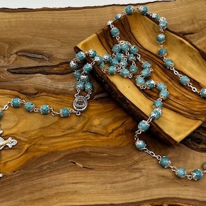 Turquoise Rosary, 8mm Blue Catholic Stone Prayer Beads, 22&quot; Metal Chain, 2&quot; Crucifix, Catholic Christmas Gift, 1st Communion Keepsake