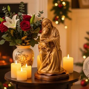 May include: A light brown wooden sculpture of a mother holding a child, placed on a round wooden base. Beside it are three lit pillar candles and a white ceramic vase filled with red roses, white lilies, and green eucalyptus leaves.