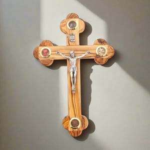 Crucifix, 11&quot; Wooden, Silver Plated Corpus, Gift for Catholic Home, Church Gift for Priest, Holy Land Olive Wood