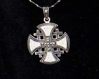 Jerusalem Cross Necklace with Gemstones, Sterling Silver Chain, Religious Jewelry,Christmas Gift