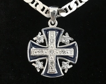Dark Blue Jerusalem Cross Necklace with White Gemstones, Sterling Silver Chain, Christian Christmas Gift