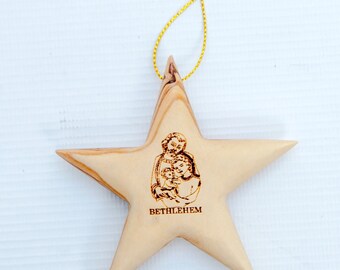 Star Shaped Christmas Tree Ornament, Wooden 3.1", Holy Family Engraved, Made in Bethlehem from Holy Land Olive Wood, Hanging Decor