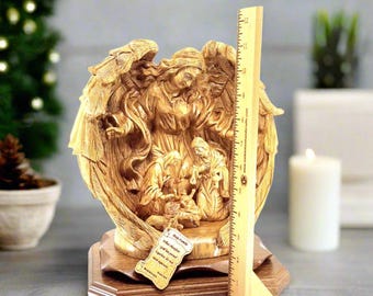Angel with Holy Family Sculpture, Angel Wings Nativity Scene, Catholic Christmas Gift, Hand Carved Holy Land Olive Wood
