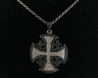 Jerusalem Cross Necklace, Sterling Silver, Zircon Gemstones, Christian Christmas Gift