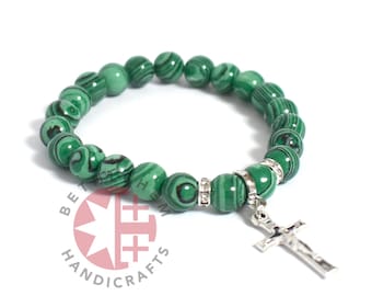 Green Christian Prayer Bracelet with Crucifix, 8mm Green Stone Coral Beads, Religious Jewelry, Christmas Gift