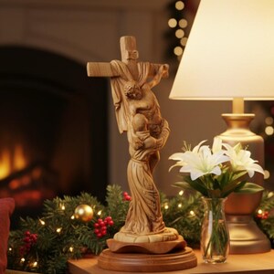 May include: A light brown wooden sculpture depicting a figure holding another figure on a cross. The carving features detailed drapery and textures, mounted on a circular wooden base. The wood grain is visible throughout the entire piece.