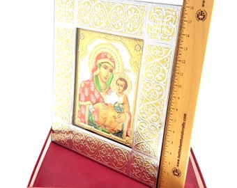 Virgin Mary and Baby Jesus Icon, Silver Plated with Golden Frame, Catholic Christmas Gift