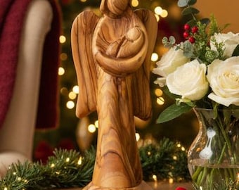 Angel with Baby Carving, 7.9" Standing Carved Olive Wood from Holy Land Angel with Wings Abstract