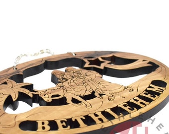 Wooden Christmas Tree Ornament, 6", Holy Family Escapes to Egypt, Made by Christians in Bethlehem, Holy Land Olive Wood, Hanging Decoration