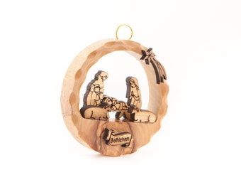 Wooden Christmas Tree Ornament, 3.3", Holy Family Nativity Scene, Made by Christians in Bethlehem, Holy Land Olive Wood, Hanging Decoration
