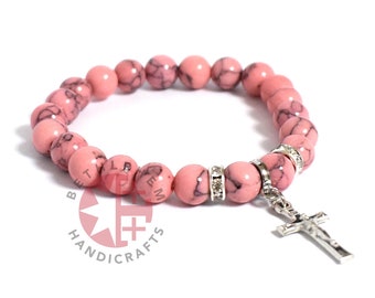 Pink Christian Prayer Bracelet with Crucifix, 8mm Pink Coral Stone Beads, Religious Jewelry, Christmas Gift