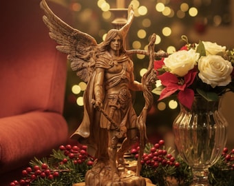 St Gabriel Angel Statue, 15",  Holy Land Olive Wood Sculpture Statue, Catholic Christmas Gift